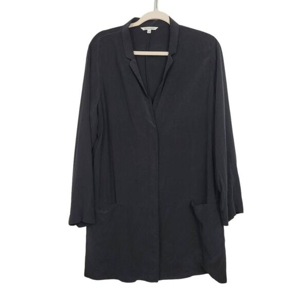 John Mark Silk Long Zip Front Jacket Coat Sz L Black Lightweight Oversized - Picture 1 of 7